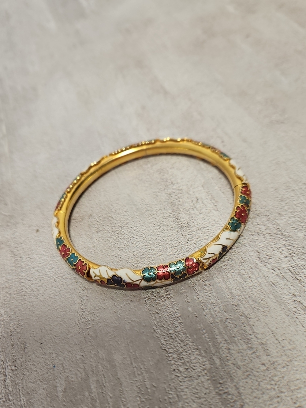 Vintage Cloisonne Enamel Floral Spring Cuff Bypass Bracelet Gold Tone Multi